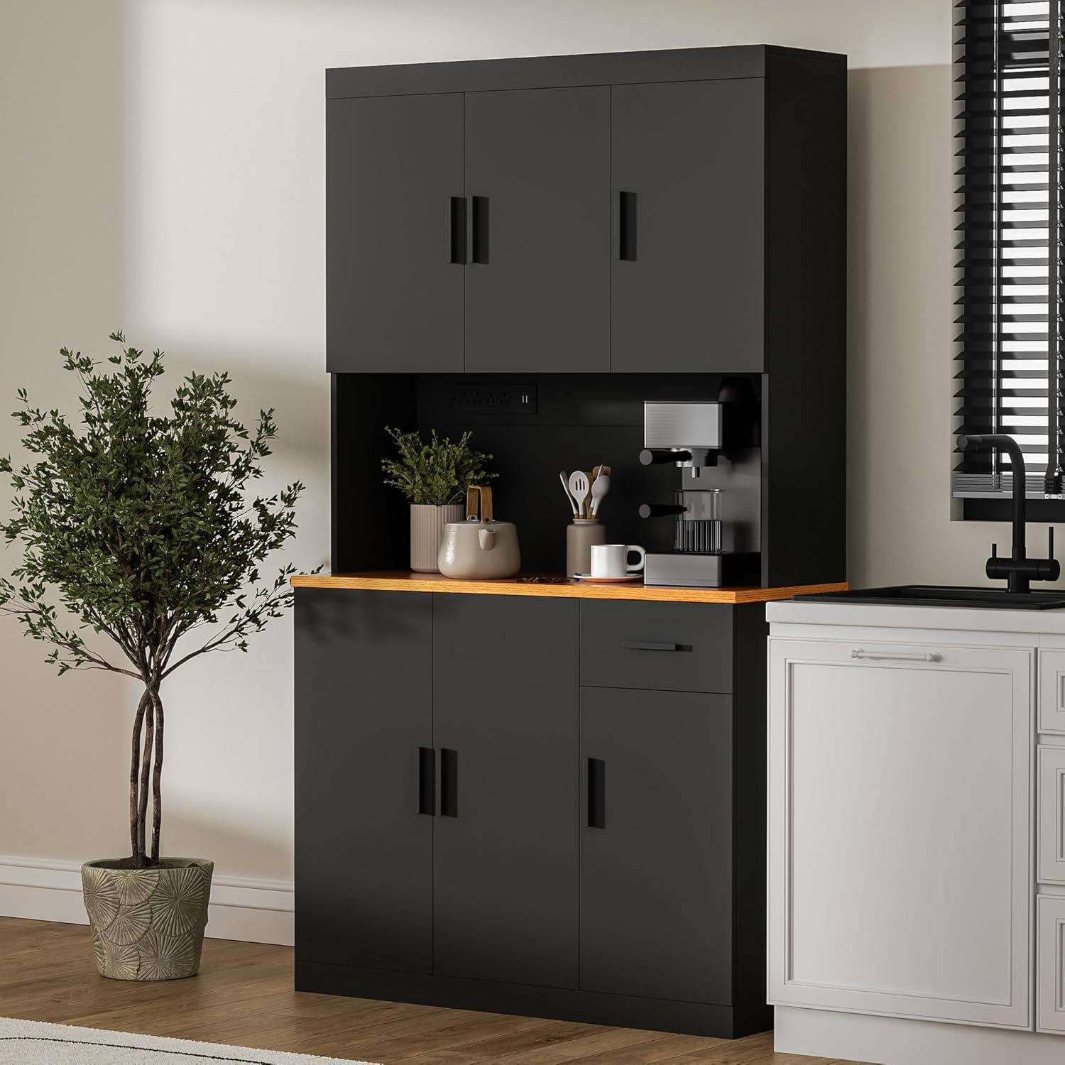 Latitude Run® Black Kitchen Pantry Cabinet, 71" Tall Kitchen Storage Cabinet with Power Outlet ...